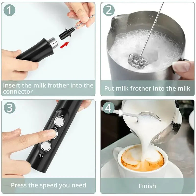 Wireless Rechargeable 3 in 1 Milk Frother, Whisk and Mixer - 3 Speeds, lightweight