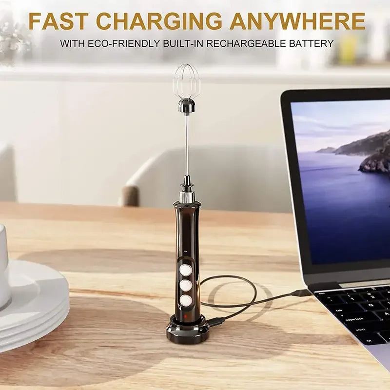 Wireless Rechargeable 3 in 1 Milk Frother, Whisk and Mixer - 3 Speeds, lightweight