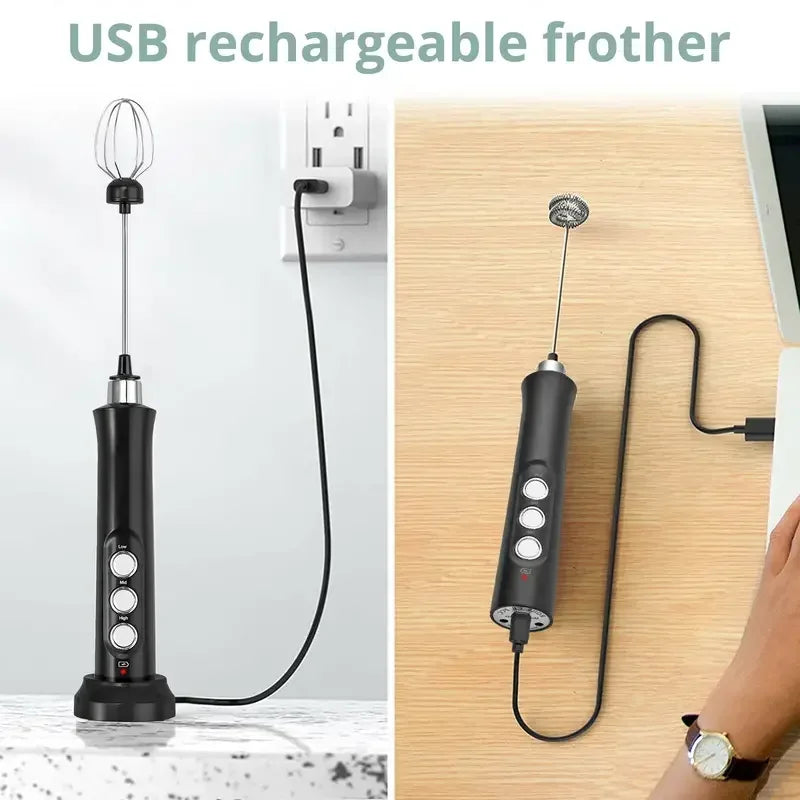 Wireless Rechargeable 3 in 1 Milk Frother, Whisk and Mixer - 3 Speeds, lightweight