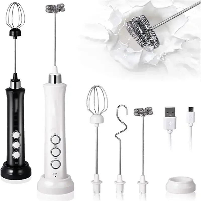 Wireless Rechargeable 3 in 1 Milk Frother, Whisk and Mixer - 3 Speeds, lightweight