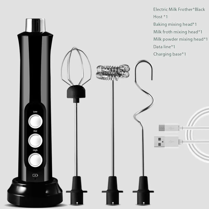 Wireless Rechargeable 3 in 1 Milk Frother, Whisk and Mixer - 3 Speeds, lightweight