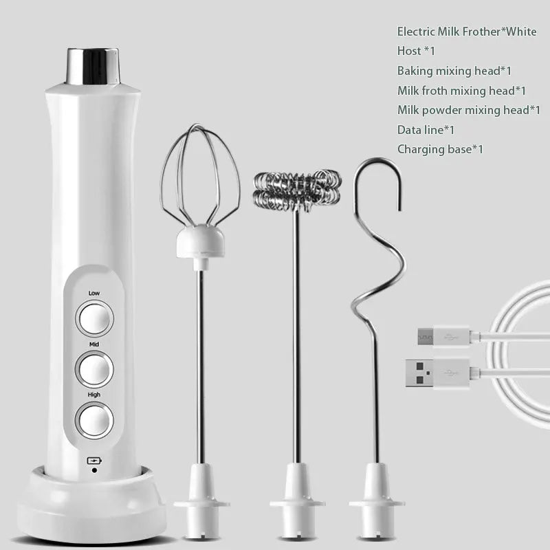 Wireless Rechargeable 3 in 1 Milk Frother, Whisk and Mixer - 3 Speeds, lightweight